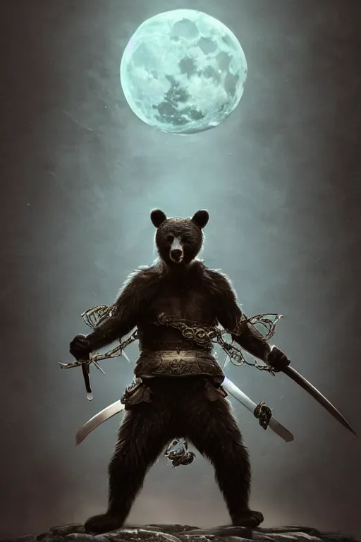 Image similar to anthropomorphic, half man half asian black bear, black bear samurai, Moon Bear Samurai, epic, samurai, stunning 3d render, 8k octane beautifully detailed render, post-processing, highly detailed, intricate complexity, epic composition, magical atmosphere, cinematic lighting + masterpiece, trending on artstation, art by artgerm and greg rutkowski and alphonse mucha