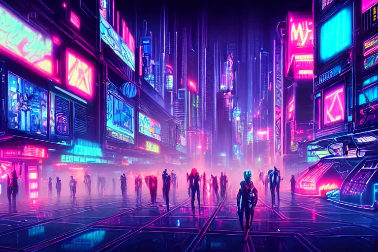 Image similar to painting of a modern cyberpunk city, neon lights, fine details, magali villeneuve, artgerm, rutkowski