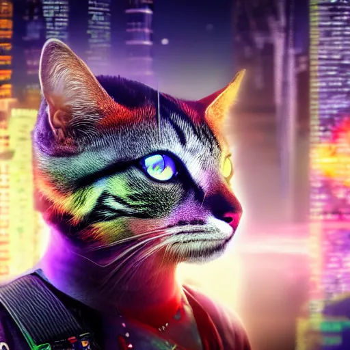 Image similar to colorful cyberpunk cat with 2 heads walking on clouds, realistic, 4 k