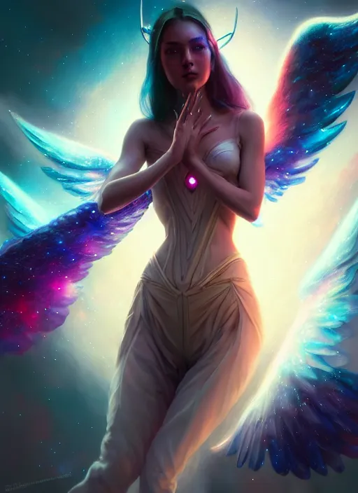 Prompt: portrait of beautiful angel girl with wings like a galaxy in space holding the universe in her hands, cyberpunk, 3 d render, hyper realistic detailed, scifi, fantasy, octane render, concept art, peter mohrbacher, artgerm, ruan jia, wlop, cyberpunk, dynamic lighting