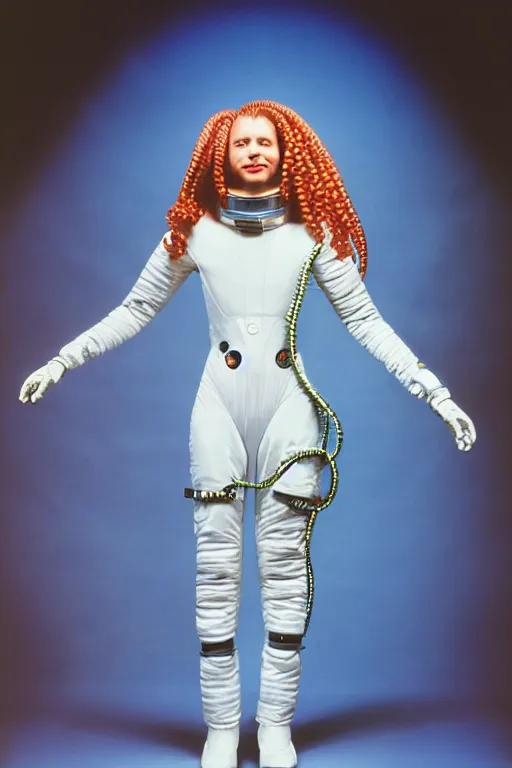 Prompt: full - length portrait of medusa gorgon in a space suit, fashion color studio lighting, 3 5 mm, close - up