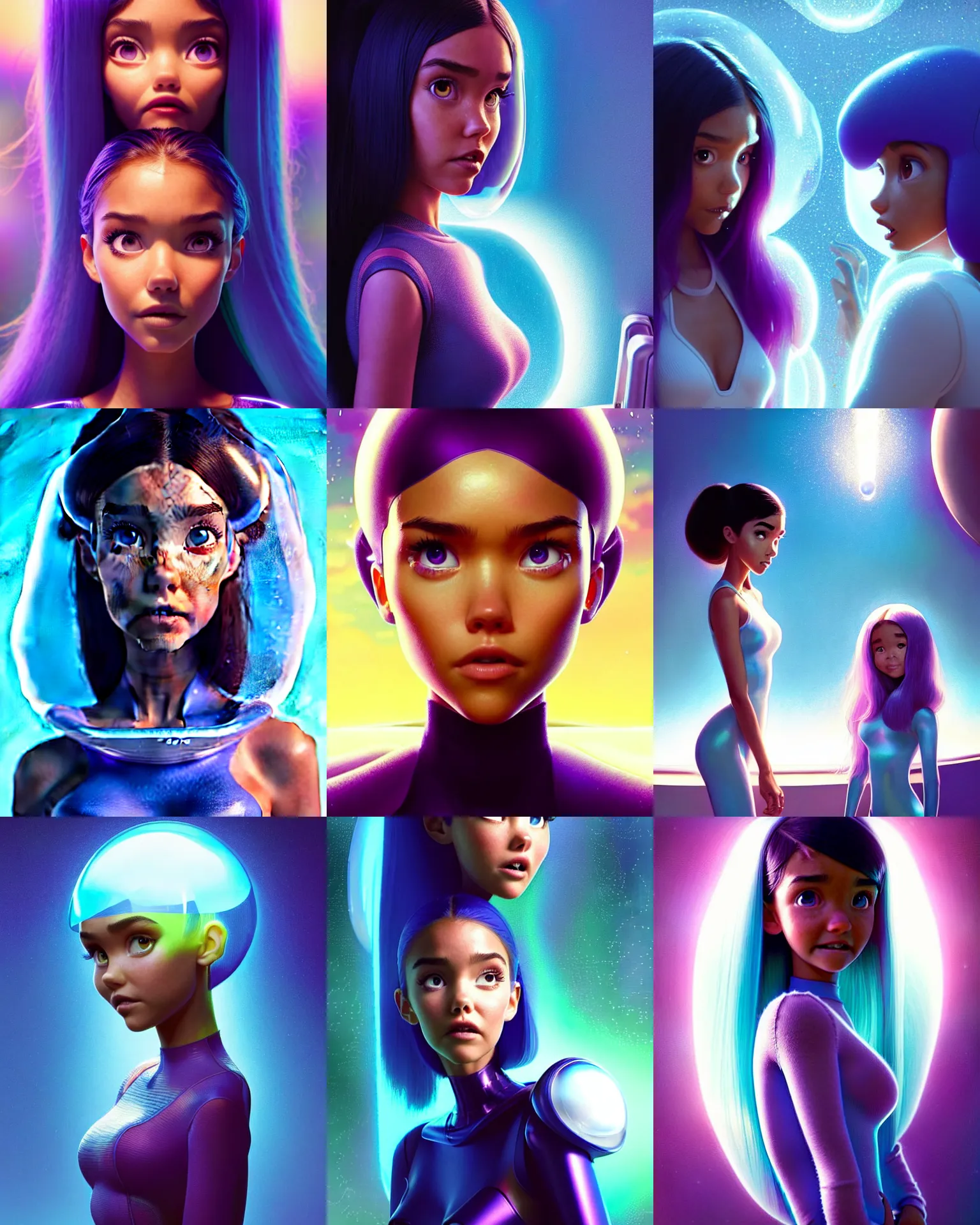 Prompt: pixar sci - fi movie still portrait photo of madison beer, jessica alba : : as bubble woman by pixar : : by weta, greg rutkowski, wlop, ilya kuvshinov, rossdraws, artgerm, marvel, maxim magazine cover, rave girl, unreal engine, dripping sweat, iridescent, bright morning, anime girl, : :