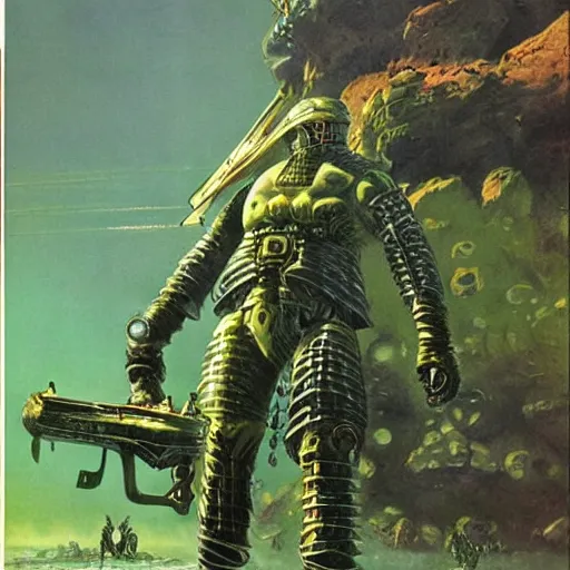 Image similar to sardaukar warrior on green planet, vintage sci - fi art, by bruce pennington