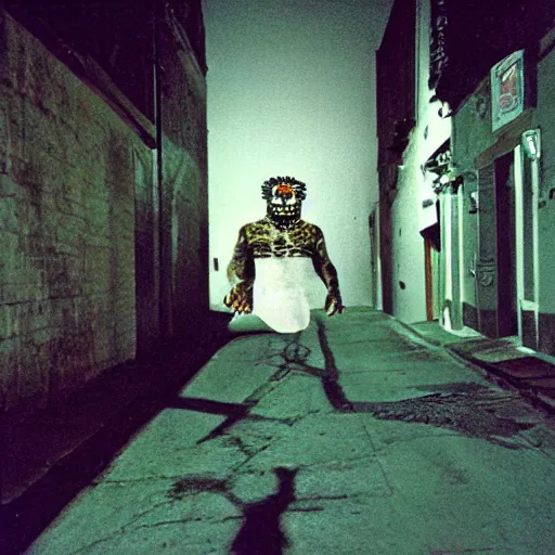 Prompt: empty street, mayan jaguar warrior, portrait, at night, by nan goldin, cinematography by quetzalcoatl