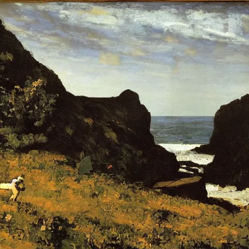 Prompt: Politics aside, a common view of late Courbet is that he became a kind of ''official'' realist painter, increasingly concentrating on inoffensive landscapes and seascapes for a bourgeois clientele.