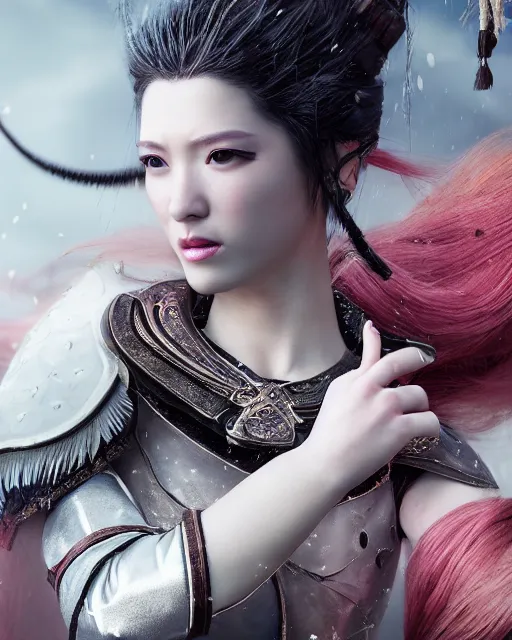 Image similar to full body portrait fashion editorial of beauty charming woman as a warrior godly princess in feudal japan, clear makeup, clean hair, dry skin, clear skin, airbrushed, bright eye makeup, femine warrior body, photo by mario testino, 8k octane render, cinematic, hyper detailed, micro details, insanely detailed, trending on artstation, concept art, Peter Paul Rubens and Peter Mohrbacher style