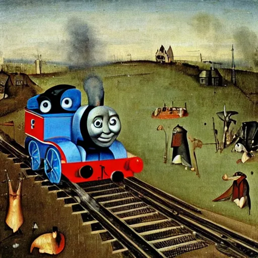 Prompt: thomas the tank engine as painted by hieronymus bosch