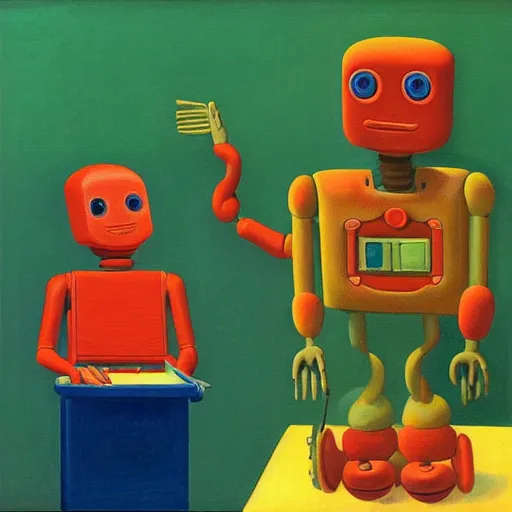 Image similar to happy robots eating play - doh noodles from a play - doh nozzle, grant wood, pj crook, edward hopper, oil on canvas