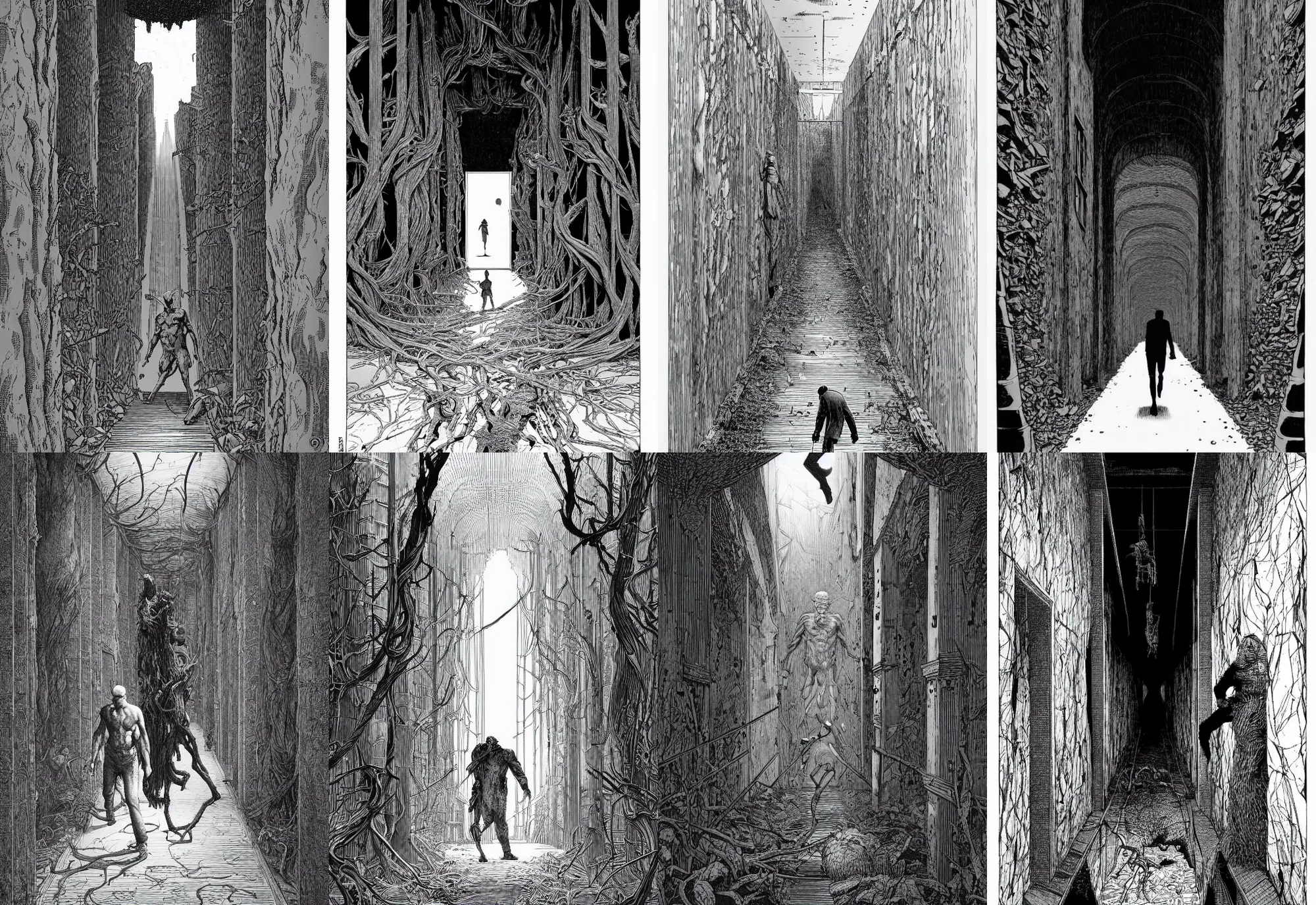 Image similar to a giant man walks in an old wood corridor, 2 meters, black and white illustration, by james jean and wayne barlowe and moebius