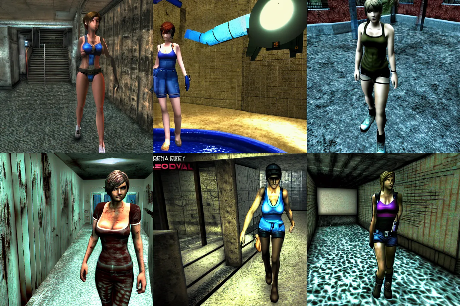Prompt: Jill Valentine from the video game Resident Evil. She is walking in a water park. evil, dark and scary atmosphere. Dreamcast survival horror game screenshot.
