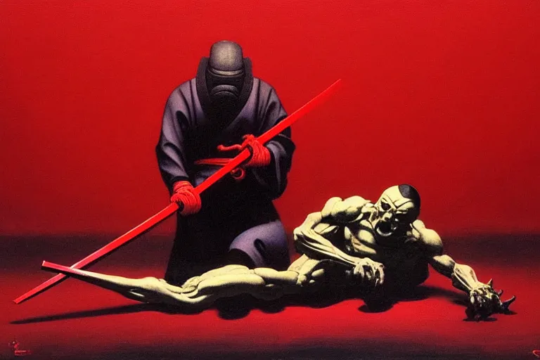 Image similar to only with red, a red samurai do seppuku, tokio, a lot of frogs watch, in the style of beksinski, parts by edward hopper, parts by rodcenko, parts by yue minjun, intricate and epic composition, red by caravaggio, insanely quality, highly detailed, masterpiece, red light, artstation, 4 k