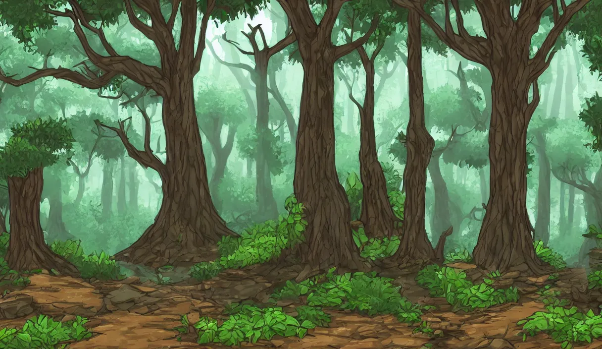 Prompt: a forest scenery background for a point and click adventure game