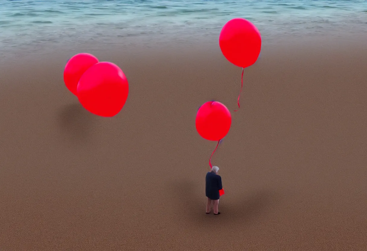 Prompt: lonely old man on the beach, holding red balloons. extremely high fidelity, 8 k, super resolution, cinematic view, super resolution, epic, hyperdetailed, digital painting, artstation, concept art, smooth, sharp focus, octane render, dramatic lighting, ground level, art by artgerm and greg rutkowski and alphonse mucha and wlop