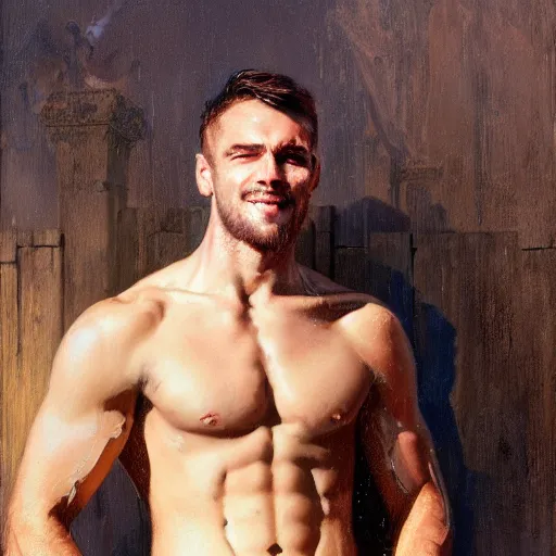 Prompt: handsome portrait of a young guy fitness posing, war hero, smiling, radiant light, caustics, reflective light, by gaston bussiere, bayard wu, greg rutkowski, giger, maxim verehin