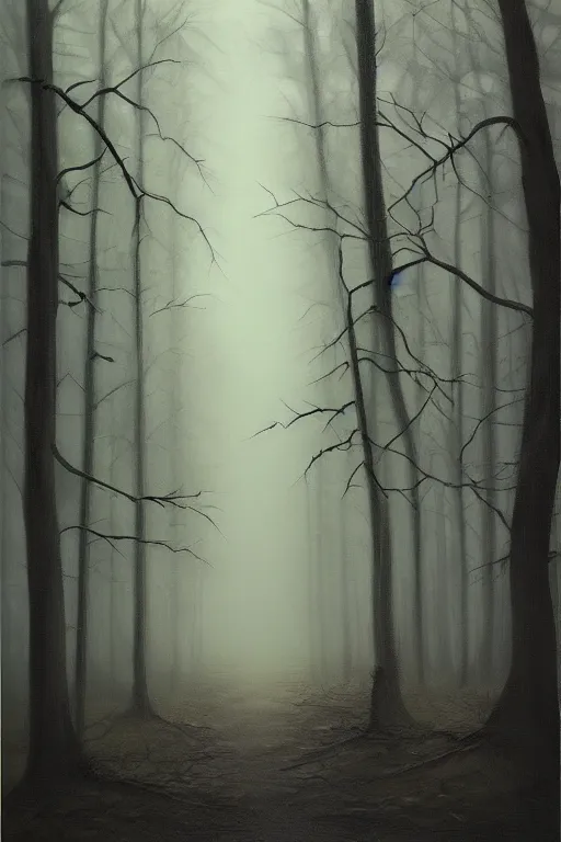 Image similar to dark and spooky woods. atmospheric, foggy, oil painting on canvas. fairytale