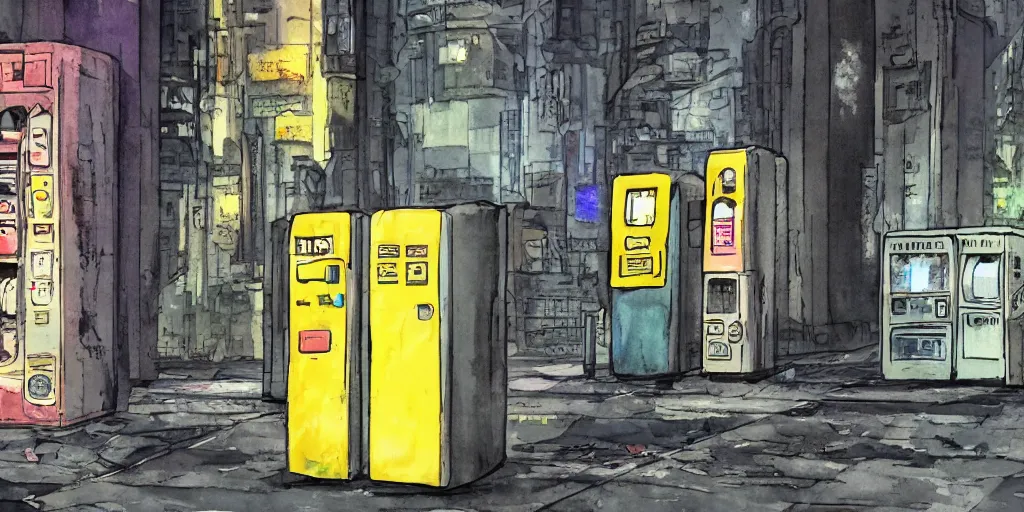 Prompt: a dusty deserted city, a girl with a parka and a yellow umbrella, broken vending machines, ultrawide, simple watercolor in the style of Ghost in the Shell