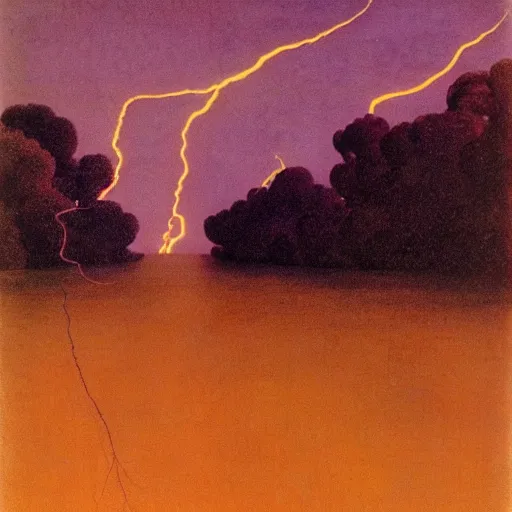 Prompt: river full of lightning, full moon, maxfield parrish, salvador dali