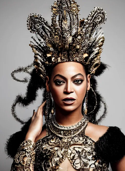 Image similar to photograph of beyonce styled by nick knight posing, intricate headpiece, showstudio, face close up, vogue magazine, 2 0 2 0, canon, highly realistic. high resolution. highly detailed. dramatic. 8 k. 4 k. zeiss lens, canon eos, cinematic lighting, photography, film still