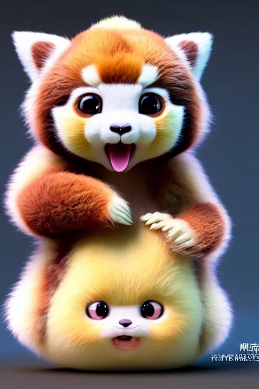 Prompt: high quality 3 d render hyperrealist very cute pastel fluffy! red panda & tarsier hybrid suspicious eating giant ice cream, vray smooth, in the style of detective pikachu, hannah yata charlie immer, very dramatic light, low angle, uhd 8 k, shallow depth or field