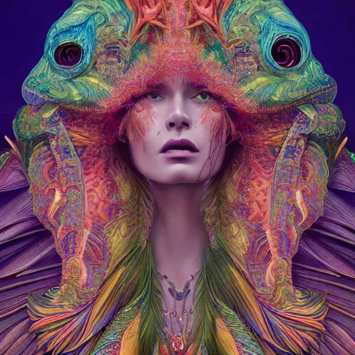 Prompt: A reality bending psychedelic ayahuasca experience, colorful, distorted, surreal, tropical bird feathers, dramatic lighting on the face, intricate lace, elegant fabric, highly detailed jewelry, digital painting, concept art, smooth, sharp focus, illustration, art by Krenz Cushart and Wayne Barlowe and alphonse mucha