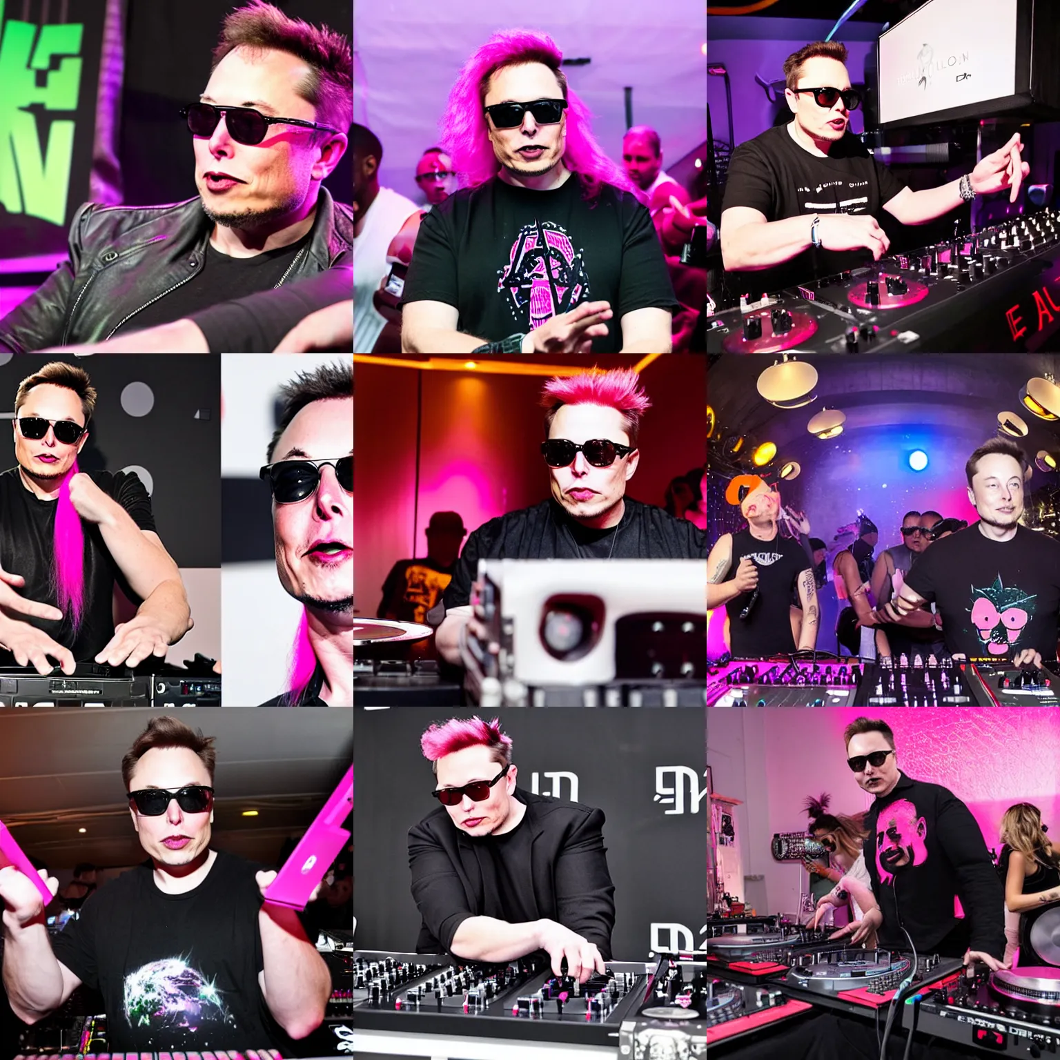 Prompt: Elon Musk with a pink mohawk and sunglasses DJing with DJ turntables, photoreal