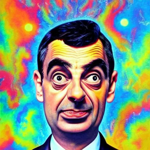 Image similar to psychedelic painting of mr bean floating in space