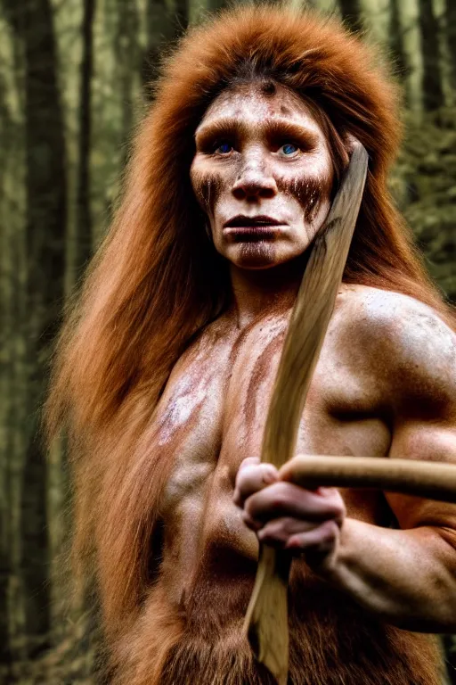 Prompt: a professional portrait photo of a muscular neanderthal woman in the forest in winter holding a spear, freckles and dirt on face, black stripe painted side to side across her eyes, ginger hair and fur, extremely high fidelity, natural lighting, still from the movie clan of the cave bear