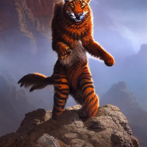 Prompt: Red Tiger Tiger Fox Beast Chimera Hybrid collar wearing feather crest paws tail eyes furry fuzzy standing atop grand canyon greg rutkowski greg danton tony sart raymond swanland chris foss chris cold christophe norman rockwell young acrylic 4k artstation wikiart wikipedia realism tilt-shift aspca national geographic