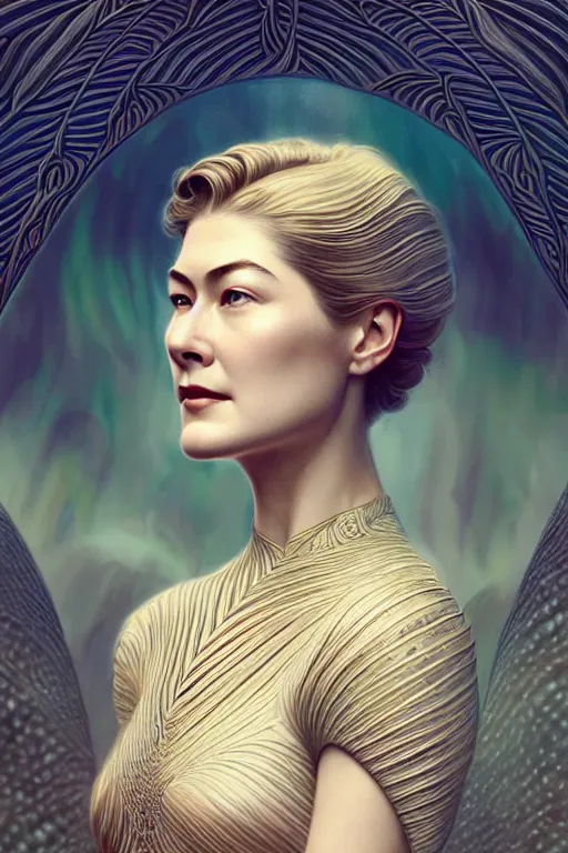 Image similar to young rosamund pike portrait, art deco, fantasy, intricate art deco leaf designs, elegant, highly detailed fractals, sharp focus, art by artgerm and beeple and greg rutkowski and wlop