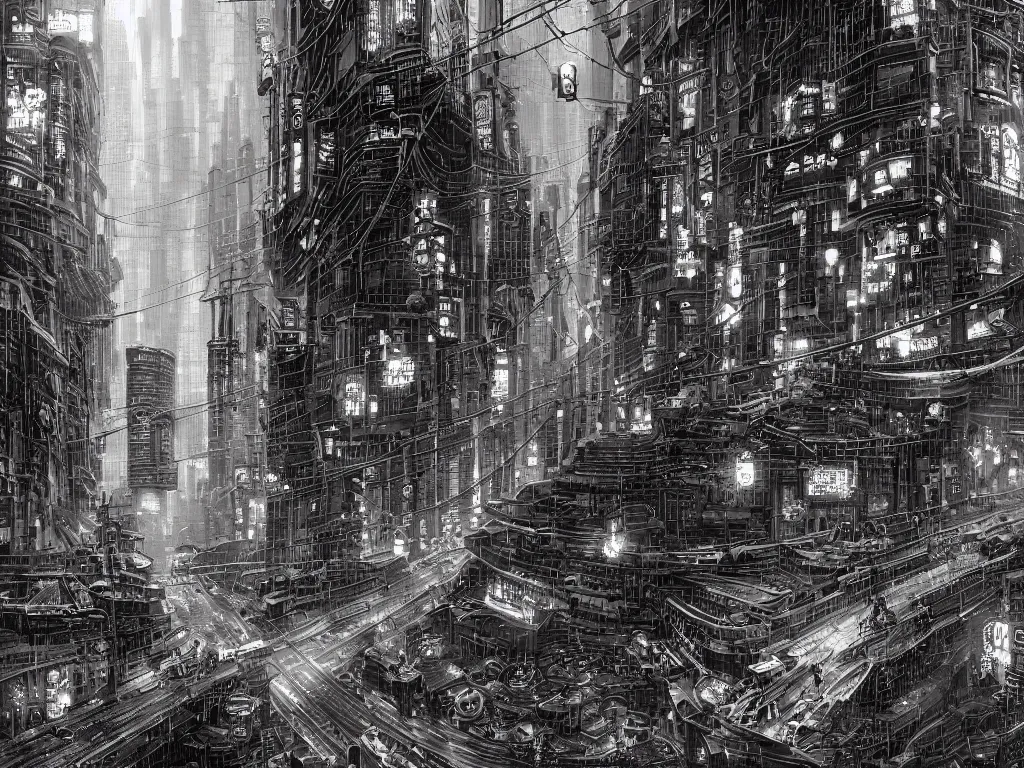 Prompt: rushing and flowing heart of the city, gritty, smooth, fine detail, intricate, cyberpunk style, by hugh ferris and john smith