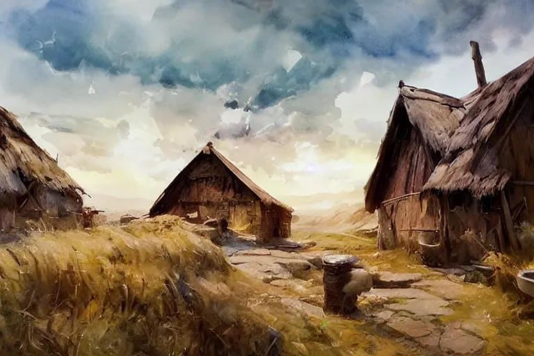 Image similar to paint brush strokes, abstract watercolor painting of rustic village at midday, straw roof, viking town, ambient lighting, art by hans dahl, by jesper ejsing, art by anders zorn, wonderful masterpiece by greg rutkowski, cinematic light, american romanticism by greg manchess, creation by tyler edlin