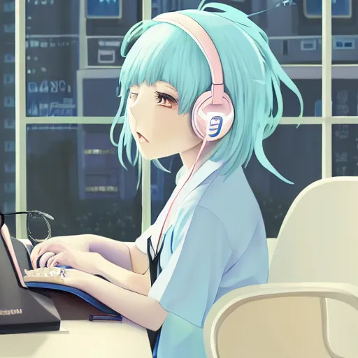 Image similar to high definition anime portrait of a pastel blue haired anime girl sitting at a desk studying with headphones on, background is a window looking out into a busy Tokyo district, lo-fi art, by Studio Ghibli, trending on artstation, sharp high quality anime, digital art, photoshop, proportionate, ambient lighting