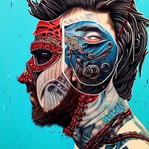 Image similar to a portrait of a back man with side profile blood in ocean intricate details :: side profile :: futuristic mask :: by vikings and Sandra Chevrier