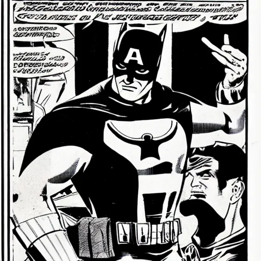 Image similar to comic book pane of Captain America arresting Batman, silver age of comics, Jack kirby illustration