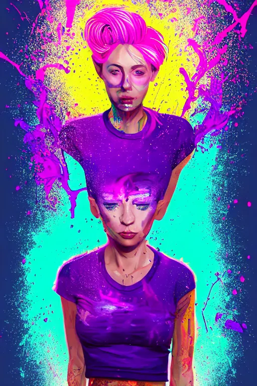 Image similar to a award winning half body portrait of a beautiful woman in a croptop and cargo pants with ombre purple pink teal hairstyle and hands in pockets by ari liloan, surrounded by whirling illuminated lines, paint splashes and splatter, outrun, vaporware, shaded flat illustration, digital art, trending on artstation, highly detailed, fine detail, intricate