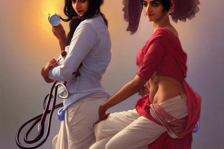 Image similar to sensual pale beautiful indian doctor in jeans with stethoscope, art deco portrait, elegant, intricate, digital painting, artstation, concept art, smooth, sharp focus, illustration, art by artgerm and greg rutkowski and alphonse mucha