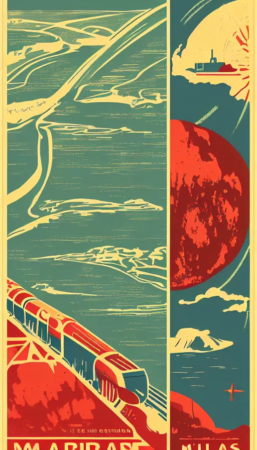 Image similar to posters for living on mars in the style of old vintage national railway posters, colonize mars posters styled like old english railway posters