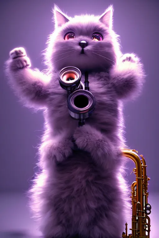 Image similar to high quality 3 d render very cute fluffy cyborg!! cat plays saxophone, cyberpunk highly detailed, unreal engine cinematic smooth, in the style of blade runner & detective pikachu, hannah yata charlie immer, moody light, low angle, uhd 8 k, sharp focus