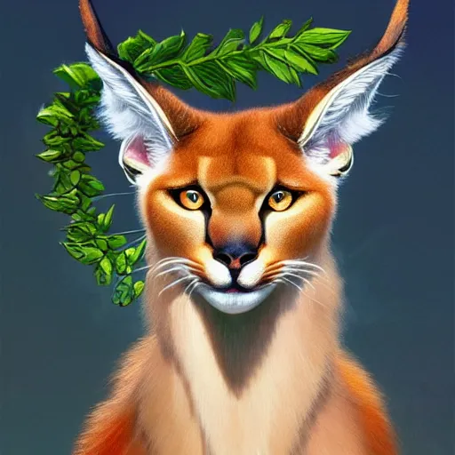 Image similar to laurel wreath on a head of fluffy caracal, photography of kurzgesagt, no people, deep focus, d & d, intricate, elegant, highly detailed, digital painting, artstation, concept art, matte, sharp focus, illustration, hearthstone, art by artgerm and greg rutkowski and alphonse mucha