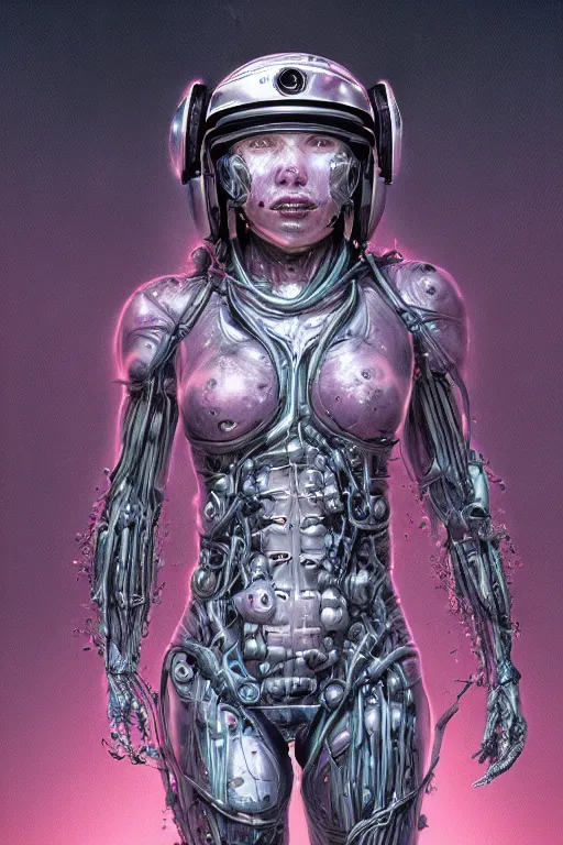 Image similar to a girl in a closed helmet in a biopunk costume consisting of swollen muscles, tendons, bones joints, protruding pistons. masterpiece 4k digital illustration by Scott M. Fischer, award winning, Artstation, Akira aesthetic, black background, intricate details, realistic, Hyperdetailed, 8k resolution