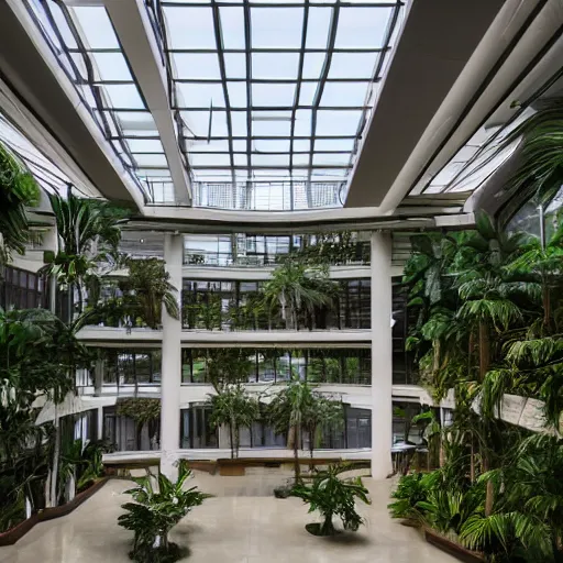 Image similar to The atrium of a contemporary building filled with tropical plants, 4k