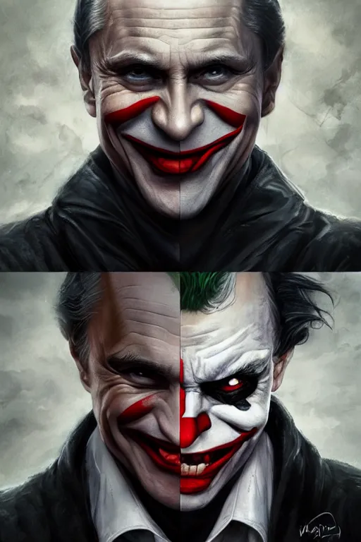 Image similar to vladimir putin as a joker, realistic, high definition, 4 k, shimmering color, hyper detailed, art of greg rutkowski and magali villeneuve and artgerm