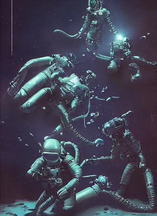 Image similar to astronauts in dark void underwater - complex and hyperdetailed technical suit. reflection and dispersion materials. rays and dispersion of light. volumetric light. f / 3 2. noise film photo. flash photography. ultra realistic, wide angle. poster by wayne barlowe, hajime sorayama aaron horkey, craig mullins