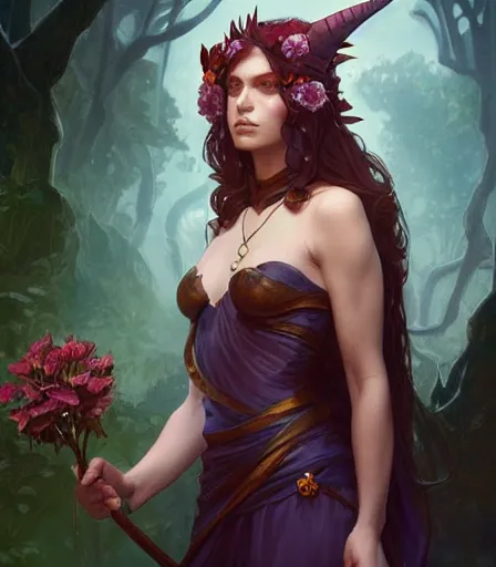 Image similar to Attractive Tiefling Druid,full body, holding flowers, dungeons and dragons portrait, highly detailed, digital painting, artstation, concept art, sharp focus, illustration, art by artgerm and greg rutkowski and alphonse mucha