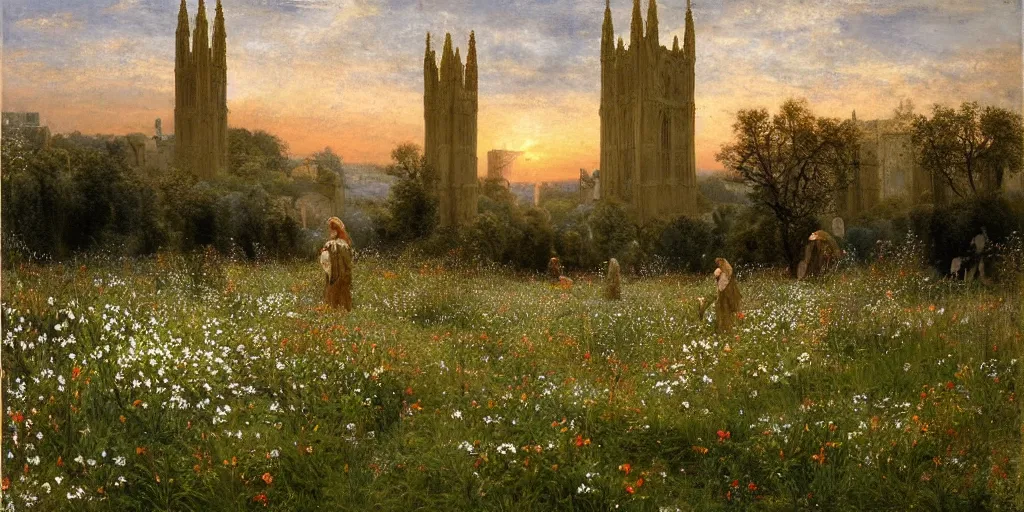 Prompt: a cathedral made of marble within a wildflower meadow at dawn, droste effect, in the style of alma tadema