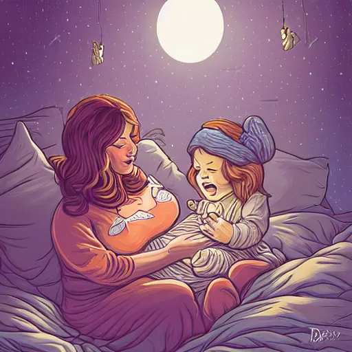 Image similar to a mother singing lullabies to a little cute sleepy girl by Dan Mumford