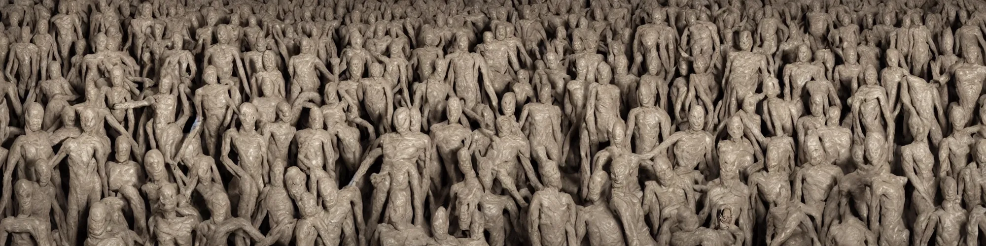 Prompt: hundreds of humans. A sea of humans. interconnected flesh. Melting clay golem humans. Dungeons&Dragons: Lemure. Lemure creature. Demonic scene. Many humans intertwined and woven together. Bodies and forms amesh. Extremely unsettling artwork. Clay sculpture by Alberto Giacometti.