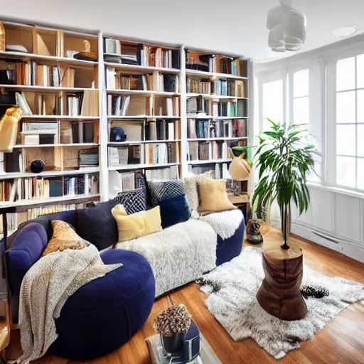 Image similar to award winning interior design apartment, dusk, cozy and calm, fabrics and textiles, colorful accents, secluded, many light sources, lamps, hardwood floors, book shelf, couch, desk, balcony door, plants, photograph magazine, wide angle