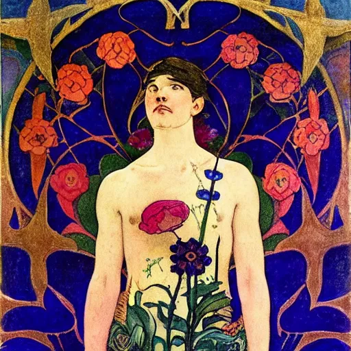 Image similar to the flower prince, by Annie Swynnerton!!!! and Nicholas Roerich! and (Edmund Dulac) and ((((Diego Rivera)))), tattoos, elaborate costume, geometric ornament, symbolist, rich colors, dramatic lighting, smooth, sharp focus, extremely detailed