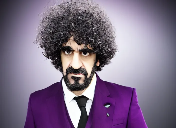 Image similar to caparezza wearing a tight dark purple suit, elegant, promotional photo, studio lighting